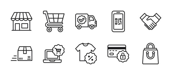 Minimal outline ecommerce icons showing shop, cart, QR code, delivery, payment, sale discount, secure transaction, package, online store, and shopping bag in vector line art style.