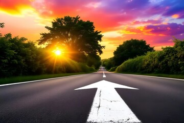 Road to Success: Scenic Asphalt Highway with Arrow Leading to a Bright Sunset, Hopeful Future, and Travel Destination Concept