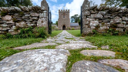 Stone Path Leading to Old Church Through Open Gate and Walls