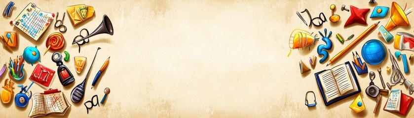 Fototapeta premium Back to School Supplies Border on Grunge Background