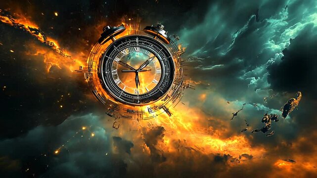Steampunk clock floating amidst celestial clouds and vibrant cosmic energy streams