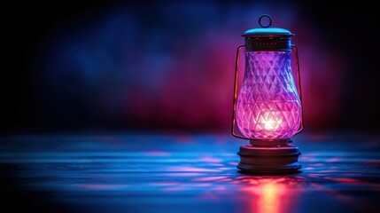 Illuminated Decorative Lantern Casting Colorful Glow on Reflective Surface Artistic Composition