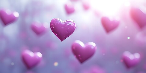 A soft lavender backdrop with floating pink hearts and faint glowing halos around each one