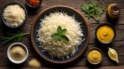 Freshly grated horseradish roots sit atop a rustic wooden table, surrounded by optional condiment accompaniments, evoking a sense of earthy, pungent flavor and aroma.