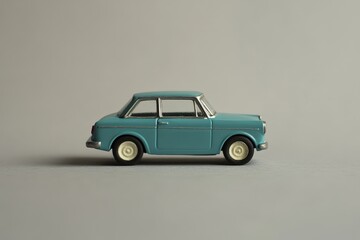 A small blue toy car sits on a plain gray surface