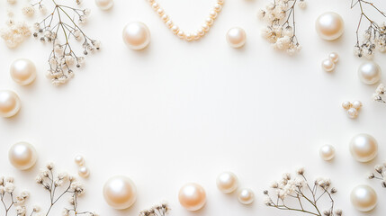 Pearl and Floral Frame: Elegant pearl necklace and loose pearls arranged with delicate white flowers create a luxurious frame perfect for wedding invitations, beauty products.