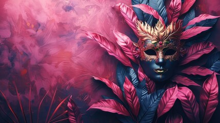 Elaborate Golden Mask Adorned with Pink and Blue Foliage Against a Textured Magenta Backdrop