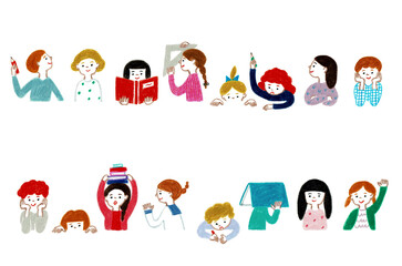 手描きイラスト　テーブルに並んで座る子供たち