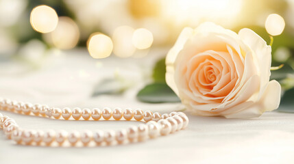 Elegance in Bloom: A delicate blush rose and pearl necklace on soft and blurred background, exuding grace and sophistication.