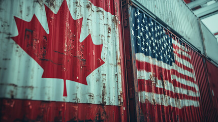 Obraz premium AI Generated photo of steel shipping freights with US and Canadian flags representing modern tensions, tariffs, trade war, politics