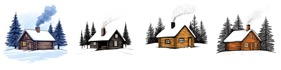 Cozy wooden cabins and lodges nestled in a serene snowy evergreen forest landscape creating a peaceful and picturesque winter retreat