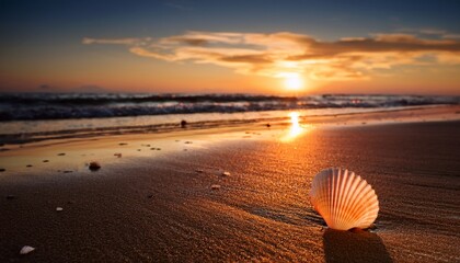 seashell on beach during sunset