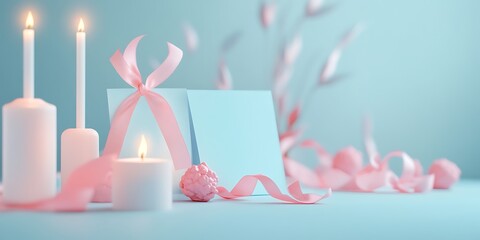 A table with neatly arranged cancer awareness brochures pink ribbons and glowing candles set in a soft blue theme