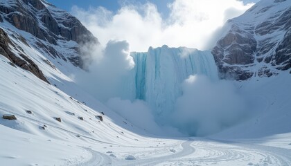 Breathtaking SnowCovered Mountain Range with Majestic Glacier on a Sunny Day. A large glacier in the middle of a snowy mountain range.