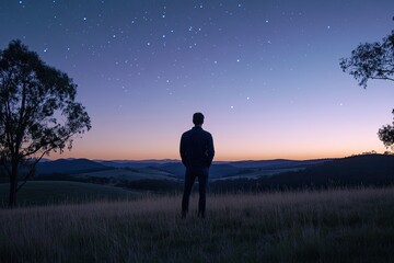 Man Contemplating Starry Night Landscape