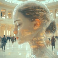 A translucent woman with technological data overlays stands indoors