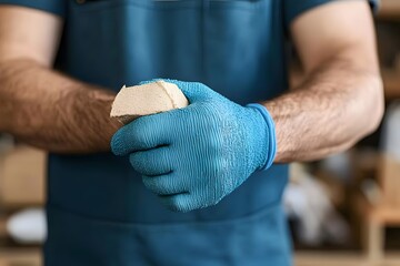 Obraz premium a person with blue gloves holding a object.