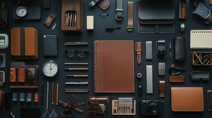 Top-Down View of an Office Desk with Essential Items Arranged in Orderly Manner