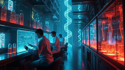 Laboratory scene depicting scientists analyzing data on digital monitors, futuristic equipment, illuminated visuals, and DNA representation, showcasing scientific research.
