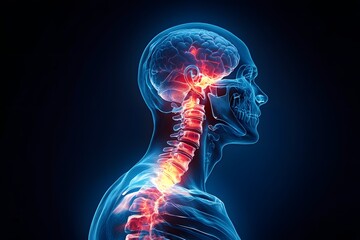 a human body with visible brain and spine structure.
