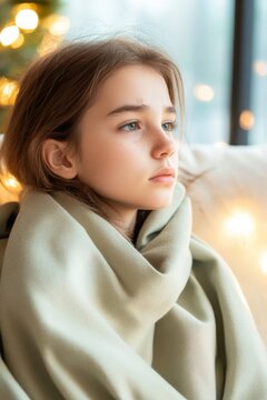 Young person with swollen cheeks resting in cozy living room during mumps infection