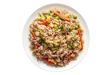 A white plate with a rice dish