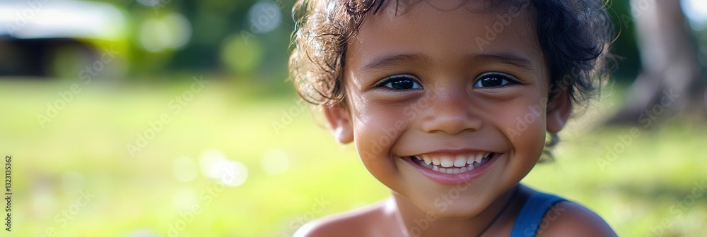 Poster smiling child enjoys sunny day in park with green grass backdrop