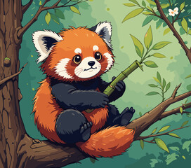 Cute Red Panda on a Branch Eating Bamboo