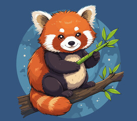 Cute Red Panda on a Branch Eating Bamboo