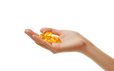 Woman hand holding omega 3 fish oil capsules on transparent background