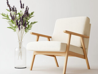 Fototapeta premium A mid-century modern armchair accompanied by a lush potted plant and beautiful floral arrangement for interior decor