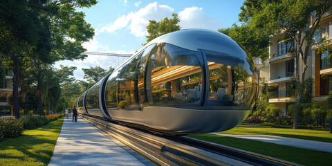Innovative transportation experience urban park futuristic train green environment close-up view modern mobility concept