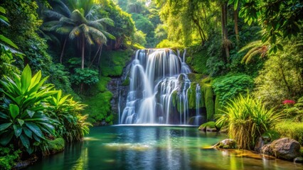waterfall surrounded by dense foliage and vibrant greenery in a serene natural setting, wilderness, water,  wilderness, water