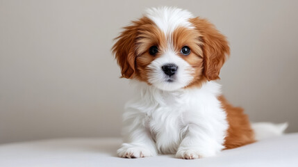 Small dog with white and brown face sitting cutely on a simple background highlighting its adorable features