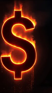 Fiery glowing dollar sign symbolizing financial power and economic volatility, flaming dollar bill money meltdown hyperinflation warning. 