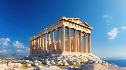 Obraz premium Ancient greek temple surrounded by lush greenery showcasing the grandeur of classical architecture in realistic detail