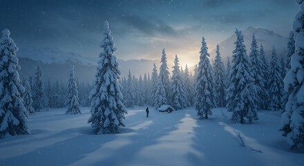 Exploring Snowy Winter Landscape Person Standing Near a Small Cabin