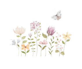 Cute watercolor floral card with abstract delicate wildflowers and flying butterfly, isolated illustration for background, cover or tender childish wallpapers. Hand drawn print in pastel colors.