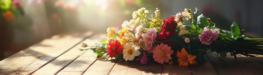 Lush bouquet of rich petals elegantly displayed on a rustic wooden table, showcasing nature's beauty.