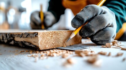 A carpenter is using a pencil to measure on wood