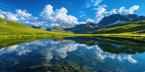 Obraz premium A serene mountain lake reflecting the sky, symbolizing tranquility and the beauty of nature.