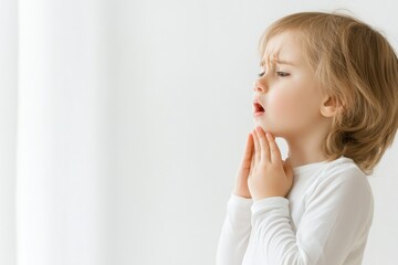 Child feeling distress due to throat pain in a home setting while experiencing tonsillitis symptoms