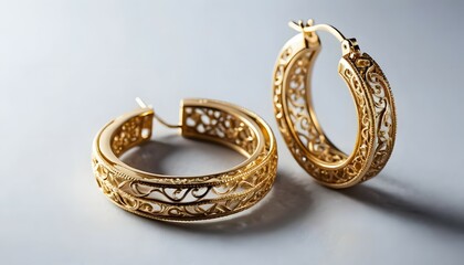 Exquisite Gold Hoop Earrings with Intricate Filigree on White Reflective Surface