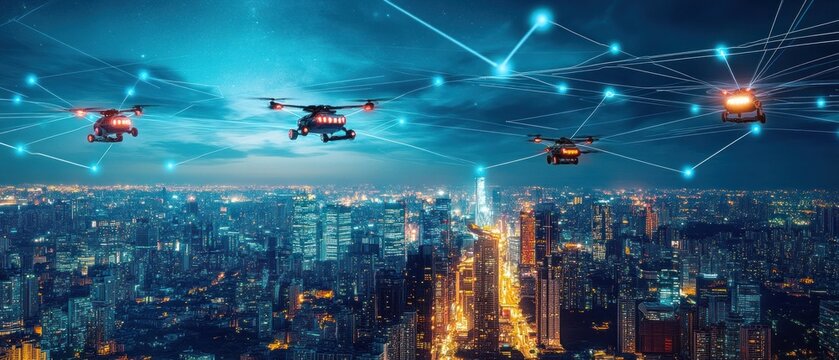 Night cityscape with multiple drones connected by network.