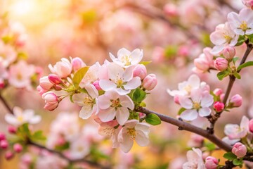 Obraz premium Spring flowers background in peach fuzz color. Blooming apple tree. Soft focus, springtime blossom freshness.