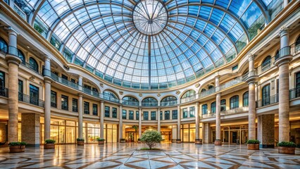 Grand atrium with high ceiling and large glass dome, high ceiling, glass dome
