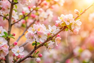 Obraz premium Spring flowers background in peach fuzz color. Blooming apple tree. Soft focus, springtime blossom freshness.