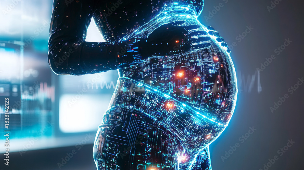 Poster A futuristic visual showcases a pregnant figure highlighted with glowing circuits and digital patterns. This representation symbolizes the intersection of technology and the beginnings of new life.