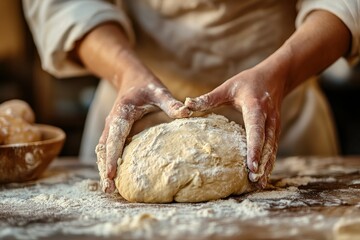 Fototapeta premium Baker's hands shaping a dough ball, covered in flour. Perfect for recipes, baking blogs, and food websites.