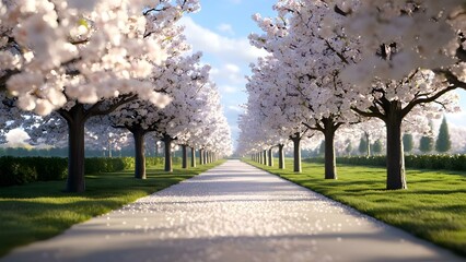 Fototapeta premium A tranquil pathway lined with blooming cherry blossom trees, creating a picturesque and serene landscape. Concept Cherry Blossom Pathway, Serene Landscape, Blooming Trees, Tranquil Walkway